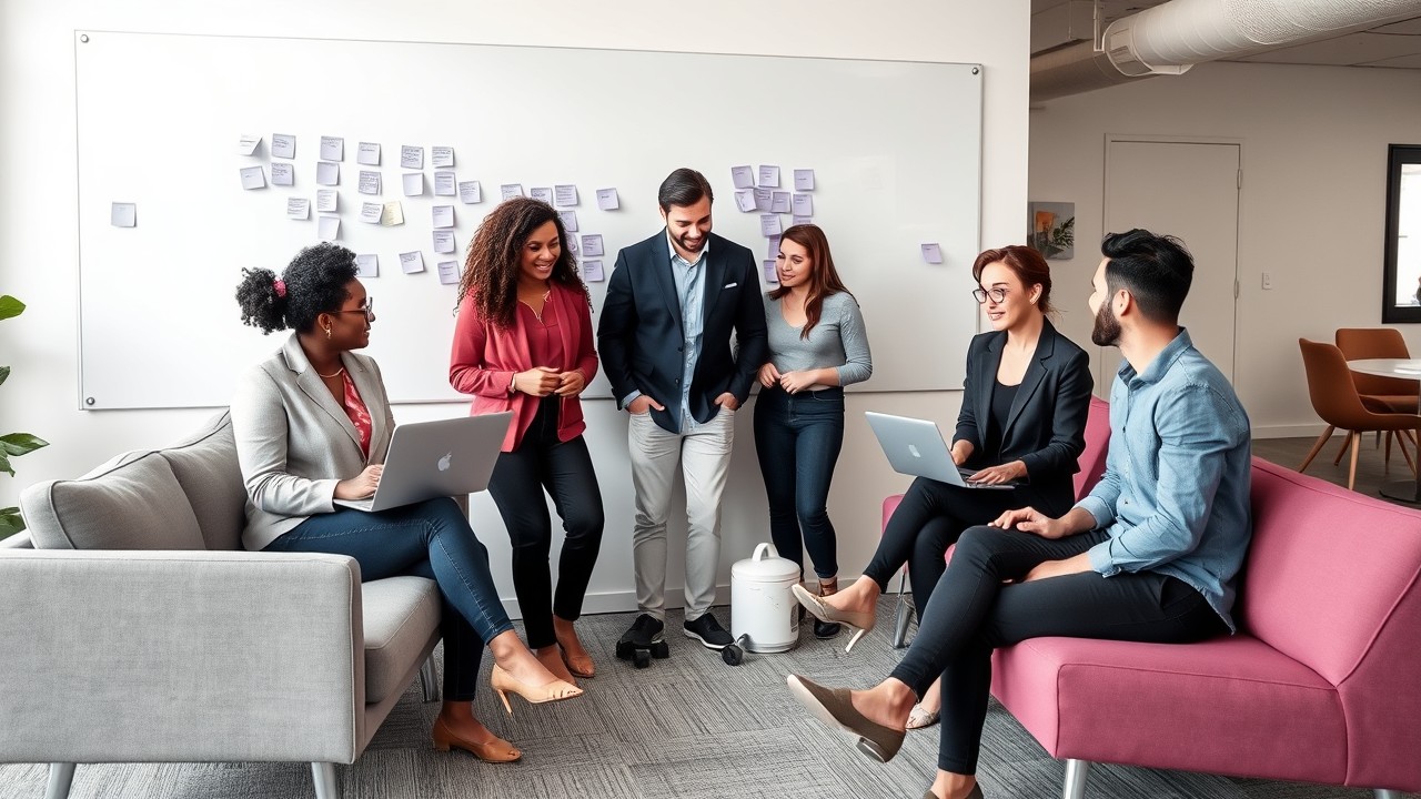 A group of diverse professionals collaborates in a creative lounge space, brainstorming ideas around a whiteboard and digital tools. The setting illustrates the blog’s emphasis on dynamic, cross-functional collaboration.