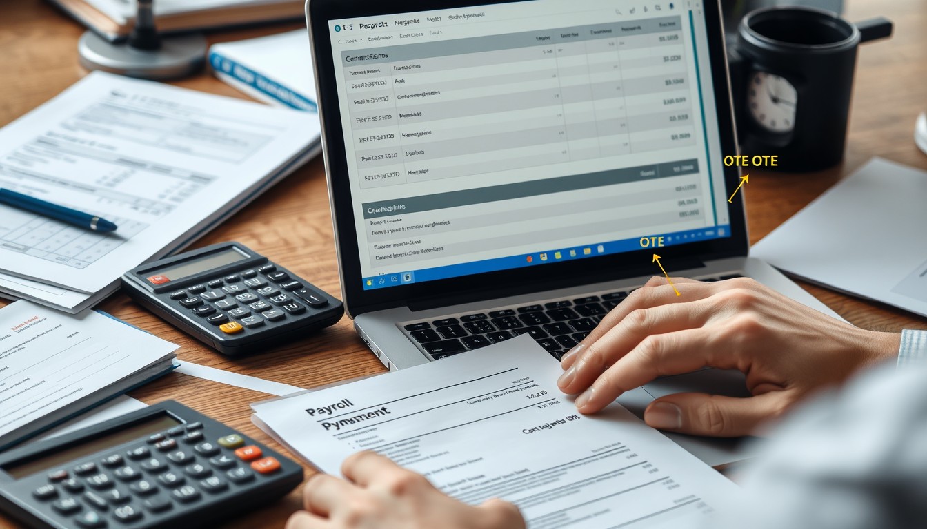 A focused individual at a modern desk, reviewing a set of financial documents and a laptop displaying payroll software. The workspace is well-organized with calculators and notepads, indicating the identification of payments that fall under ordinary time earnings (OTE), such as wages, bonuses, and commissions.