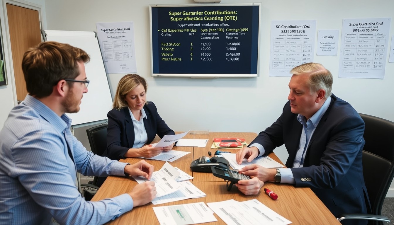 A diverse group of professionals at a conference table, collaborating on calculations for superannuation guarantee contributions. They are reviewing pay slips and using calculators, with documents spread out that illustrate how super contributions are calculated based on ordinary time earnings (OTE), ensuring compliance with Australian Taxation Office (ATO) guidelines.
