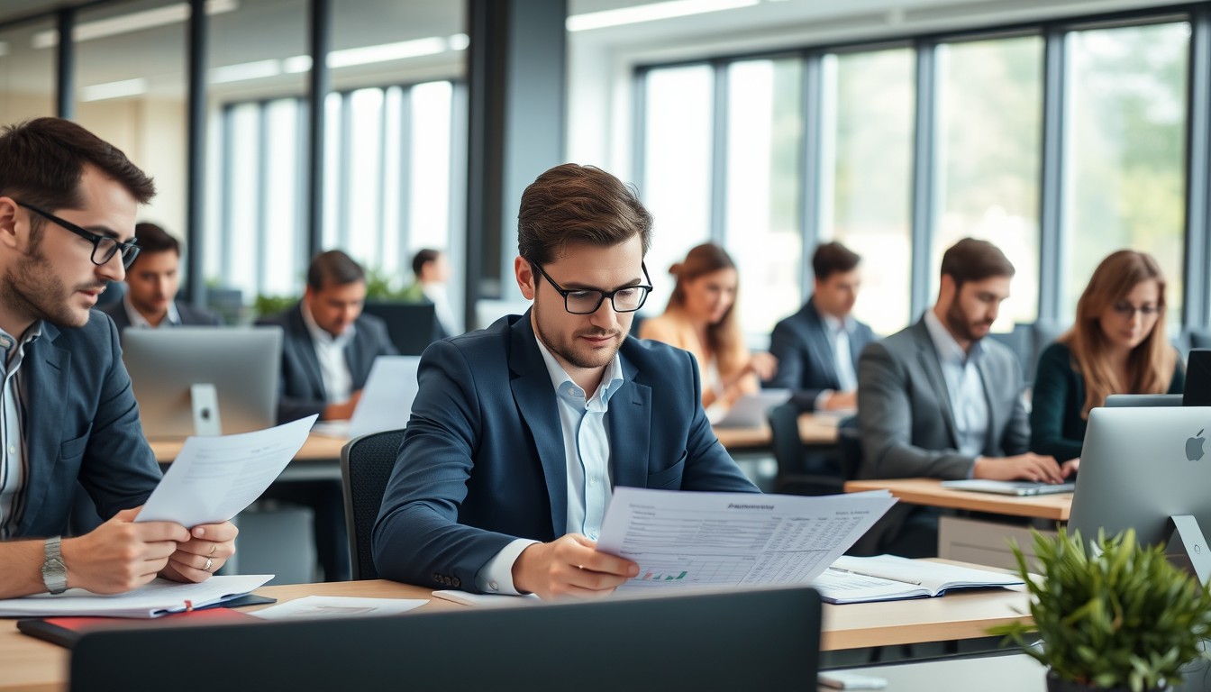 A diverse group of professionals at work in a modern office, discussing financial documents related to ordinary time earnings (OTE). Men and women of different ethnicities are seen working collaboratively on spreadsheets, while one person points to superannuation details, highlighting compliance tasks.