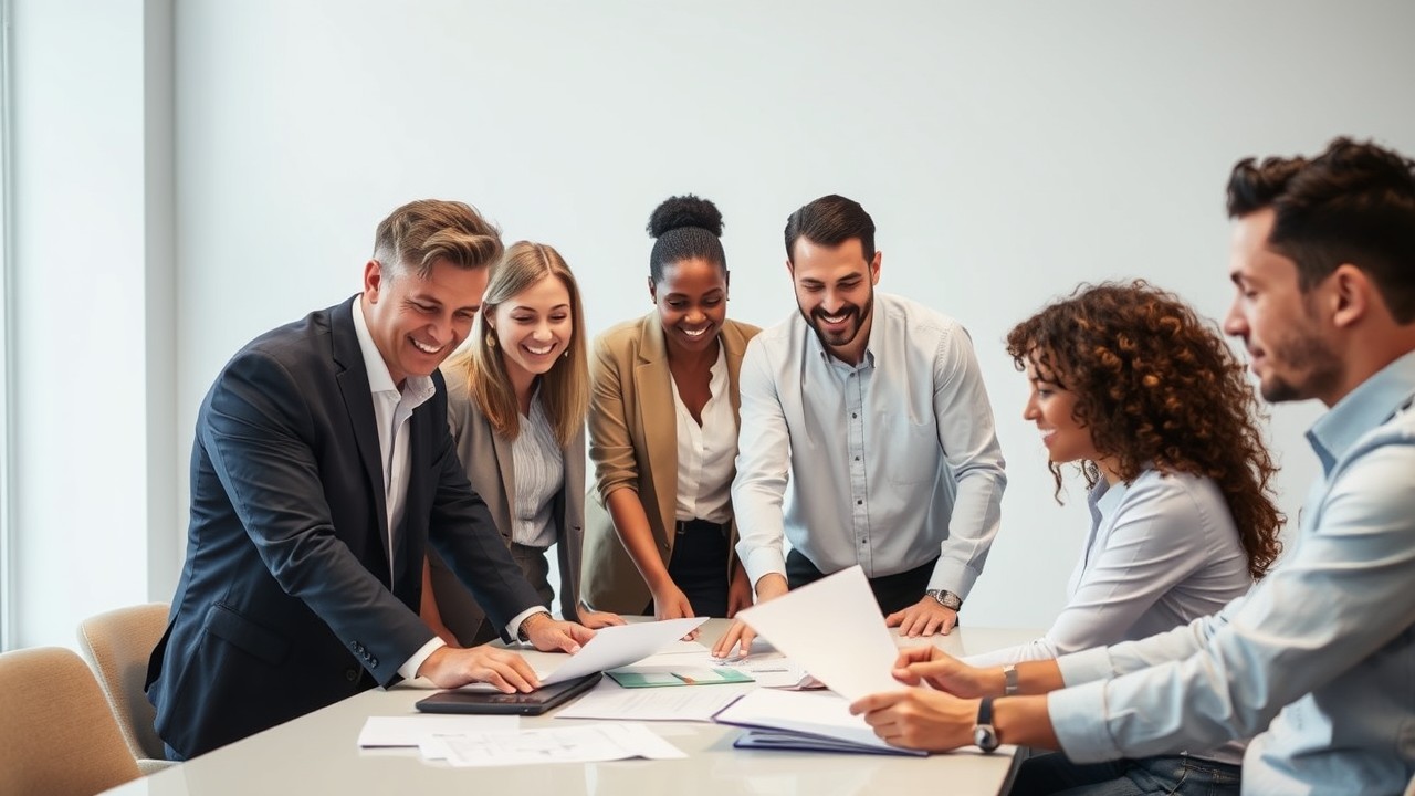 A diverse group of professionals in a sleek, minimalist office, engaging in a handshake to signify a business transaction. The setting conveys the concept of implied contracts in everyday business transactions, where mutual understanding and actions replace formal written agreements.