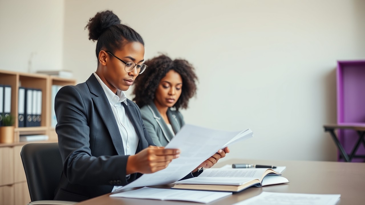 A diverse legal professional reviewing documents in a minimalist office, symbolizing the legal enforcement of implied contracts. The setting conveys a sense of professionalism, focusing on how courts uphold contracts formed through actions and mutual understanding.