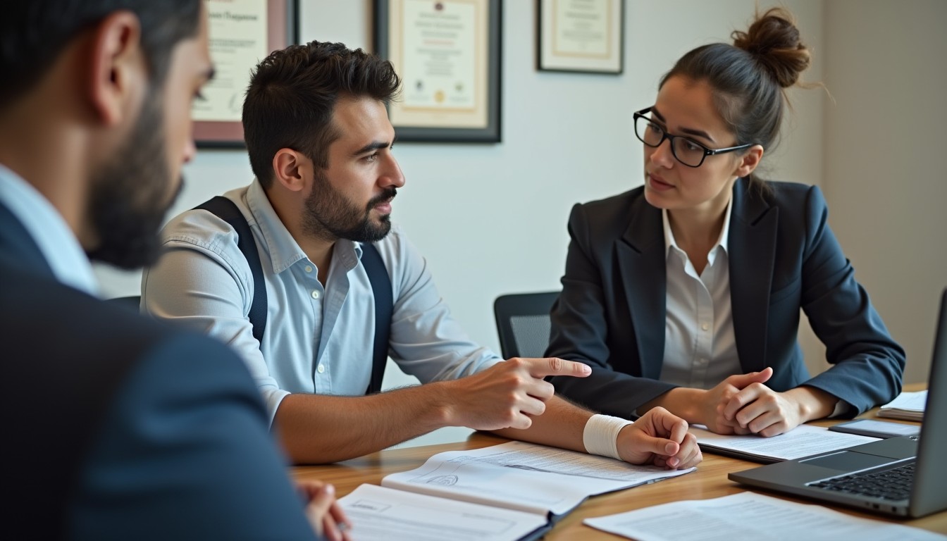 An injured worker consulting a lawyer about a personal injury claim, reviewing limitation periods and legal deadlines in a professional office.