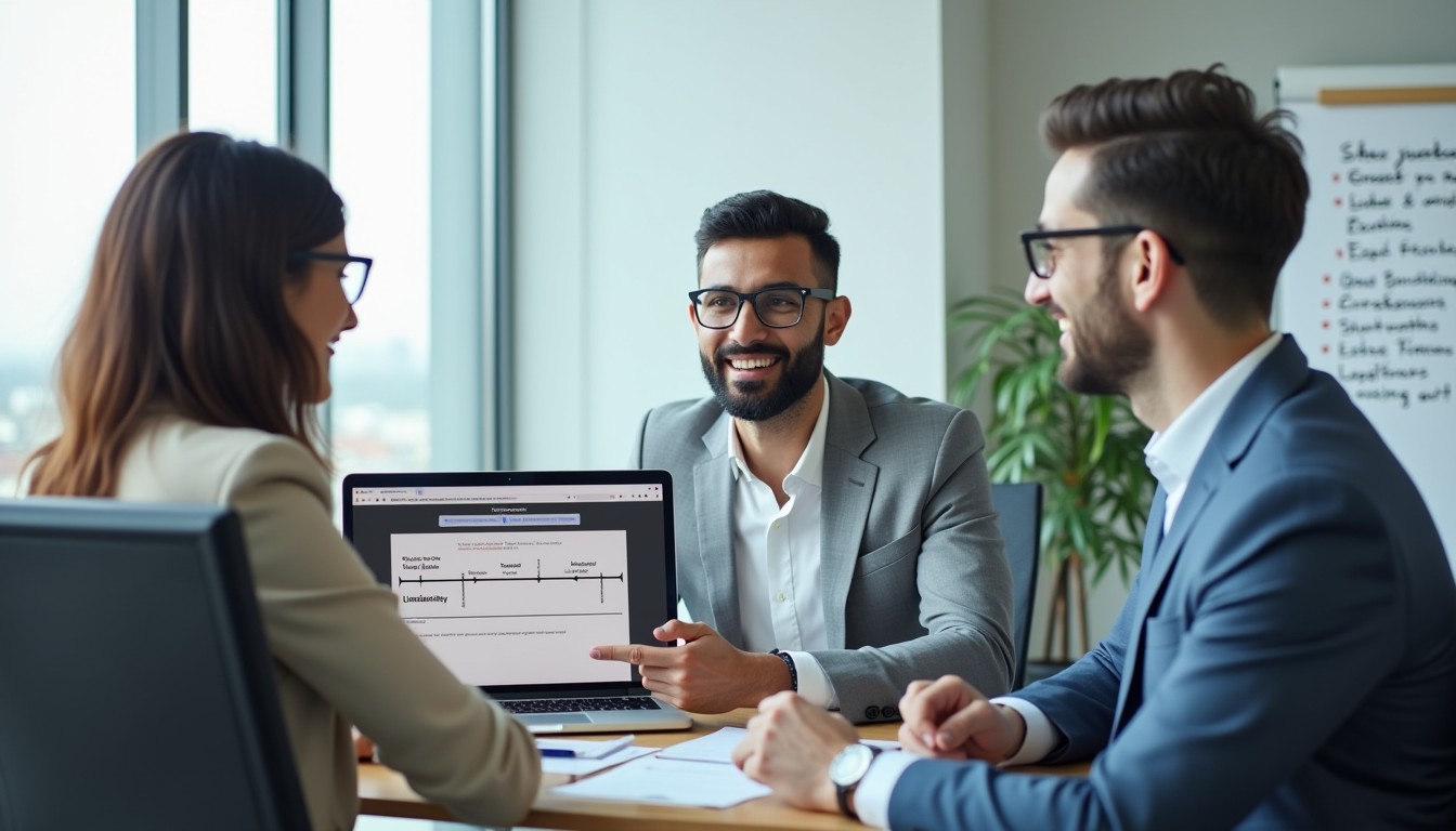 A diverse group of business professionals in a modern office discussing legal deadlines and limitation periods on a laptop screen.