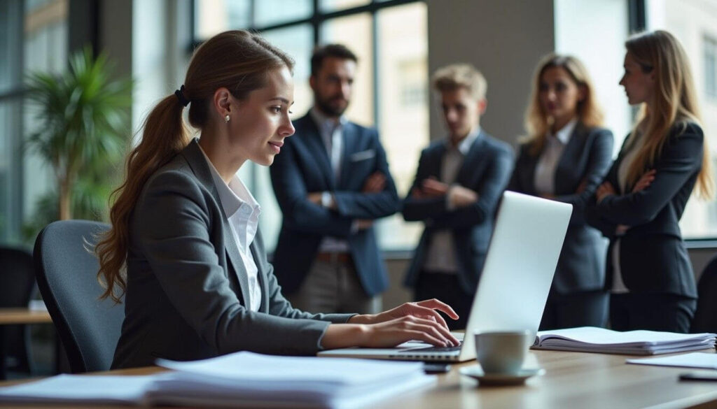 An HR manager registers employees for portable long service leave on a laptop as a team discusses compliance artwork