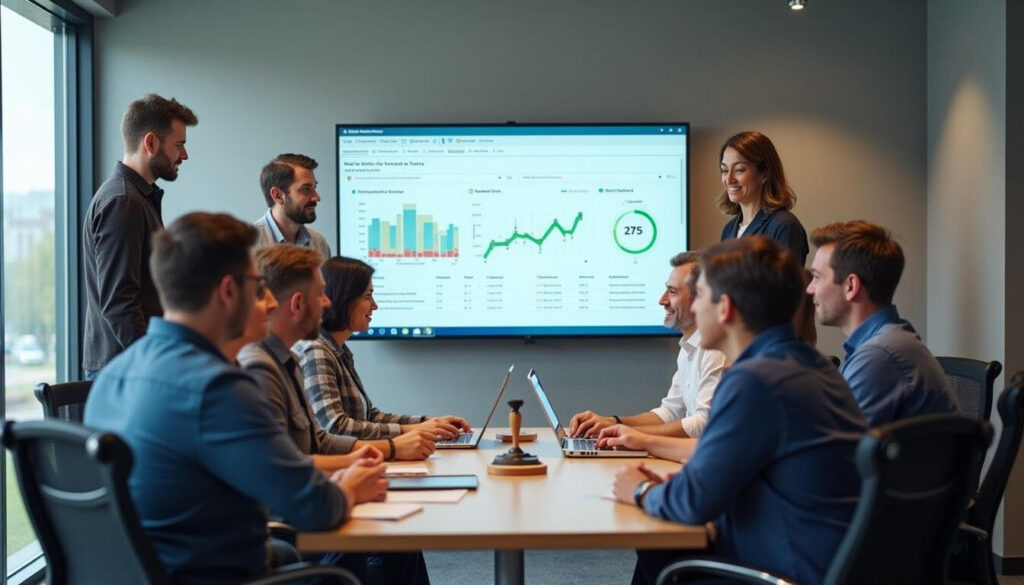 Workers in an office reviewing portable long service leave entitlements on a digital screen with graphs artwork