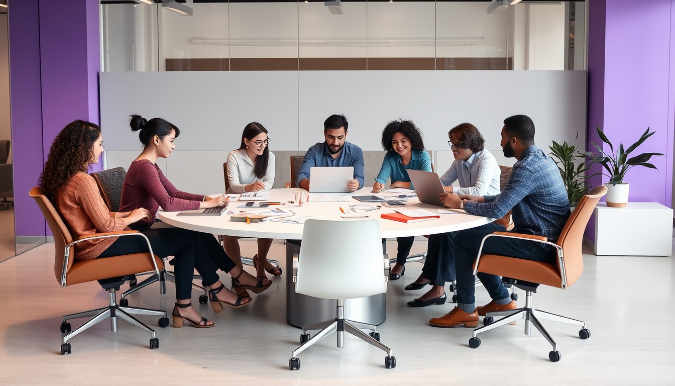 A diverse professional sits at a minimalist desk, focused on work at a modern office setup. The background shows other colleagues working at additional desks, surrounded by clean, bright lighting. Subtle purple accents add a professional touch to the environment.