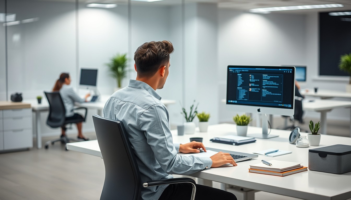 A diverse group of professionals sits around a modern conference table, engaged in a team meeting. The office space is minimalist, with subtle purple accents, and features modern furniture, laptops, and documents. People of different ethnic backgrounds are represented, fostering collaboration and discussion.