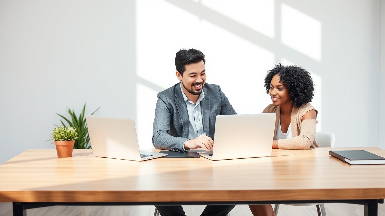 A man of Asian descent and a woman of Black descent work together on creating a Facebook Marketplace listing in a minimalist office, focusing on clear, detailed product presentation.