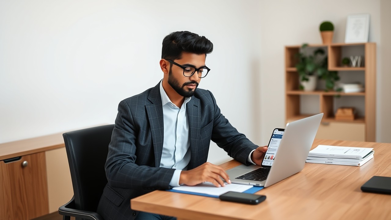 A South Asian man reviews business insights on Facebook Marketplace in a sleek, minimalist home office, illustrating how the platform supports business growth."