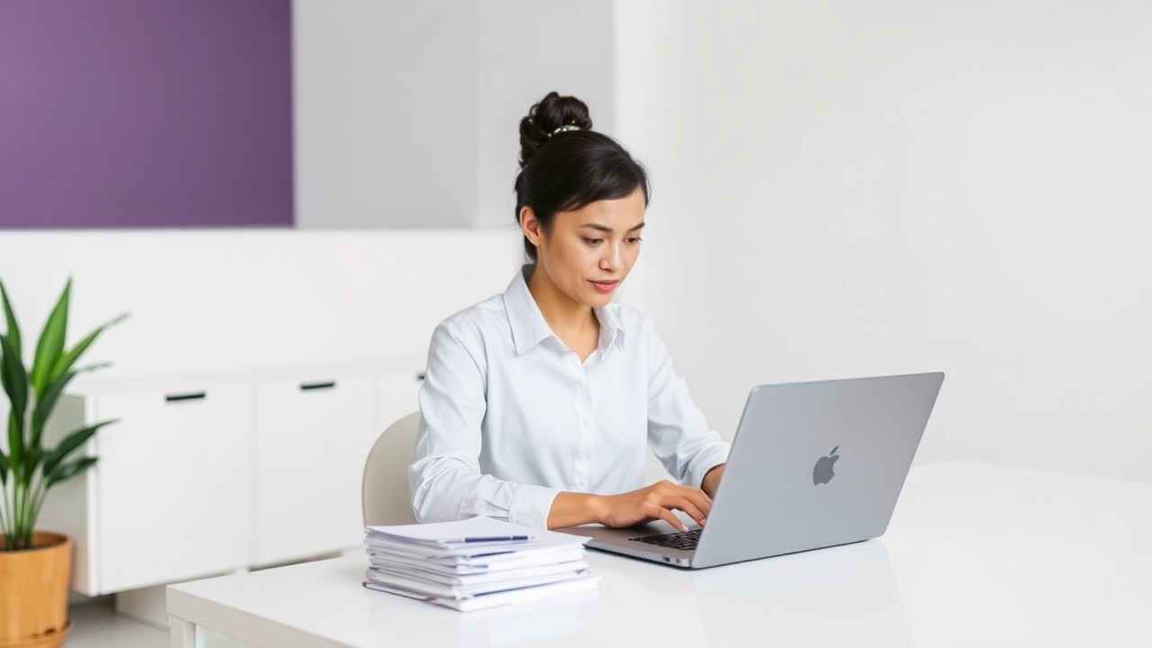 A focused individual working at a tidy desk in a minimalist office. The clean, efficient workspace reflects an organized approach to handling paid sick leave.