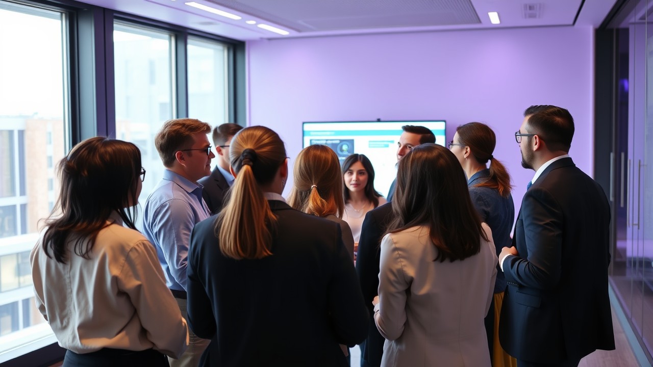 A diverse group of professionals in a conference room, discussing a presentation. The setting is minimalist and bright, highlighting efficient teamwork and planning for managing employee absence in a business.