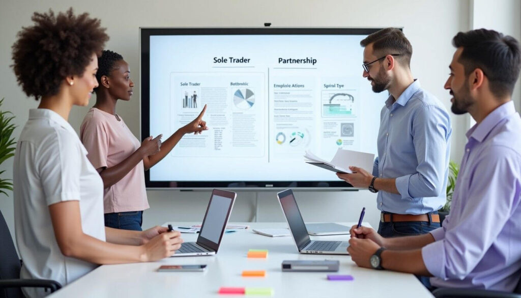 Diverse team collaborating in a meeting room on business structure options artwork