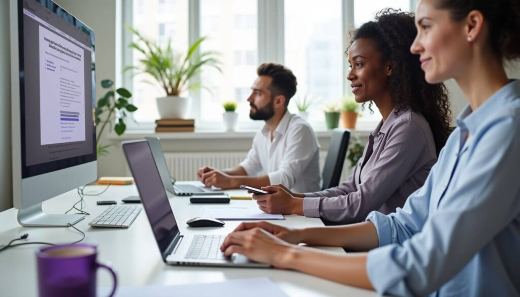 Diverse professionals at clean desks registering sole trader businesses online artwork