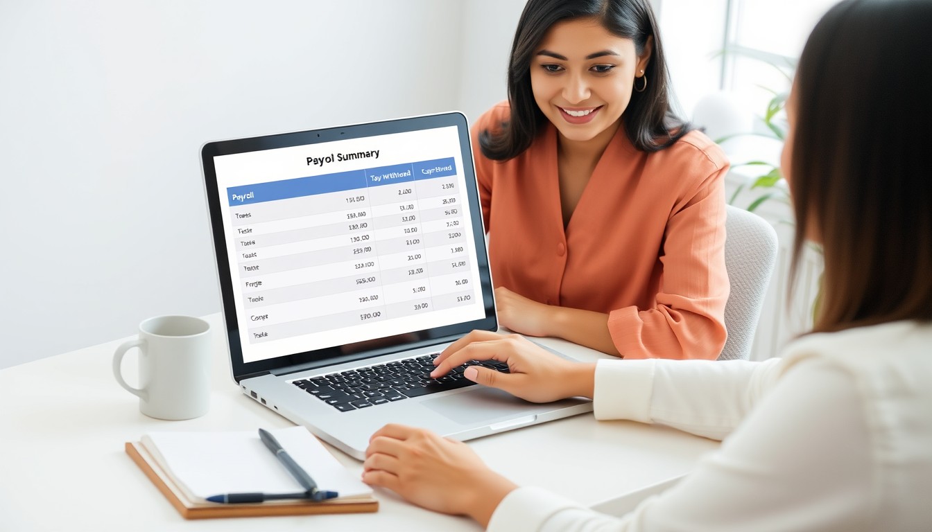A professional woman reviewing a PAYG payment summary template on her laptop in a tidy home office.