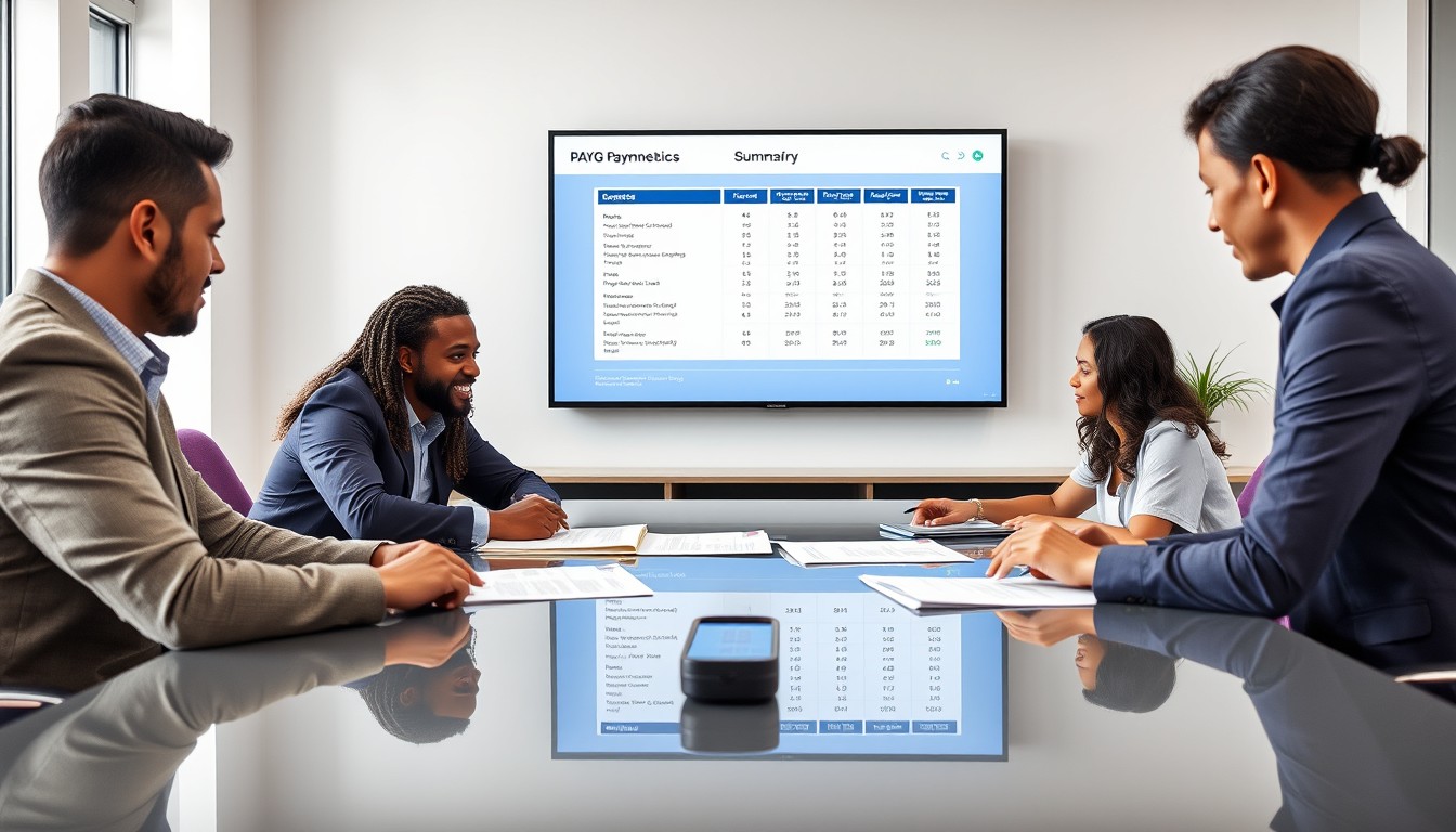 A young professional accessing his income statement online through MyGov in a modern office environment.