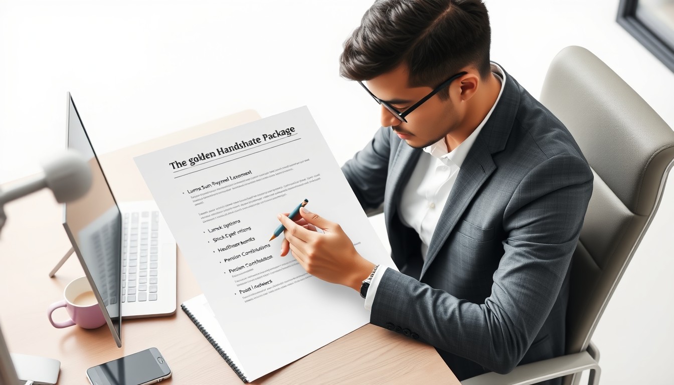 An executive and business consultant discussing a golden handshake contract in a modern corporate office. The focus is on a printed agreement, highlighting the real-world impact of these arrangements in a professional setting.