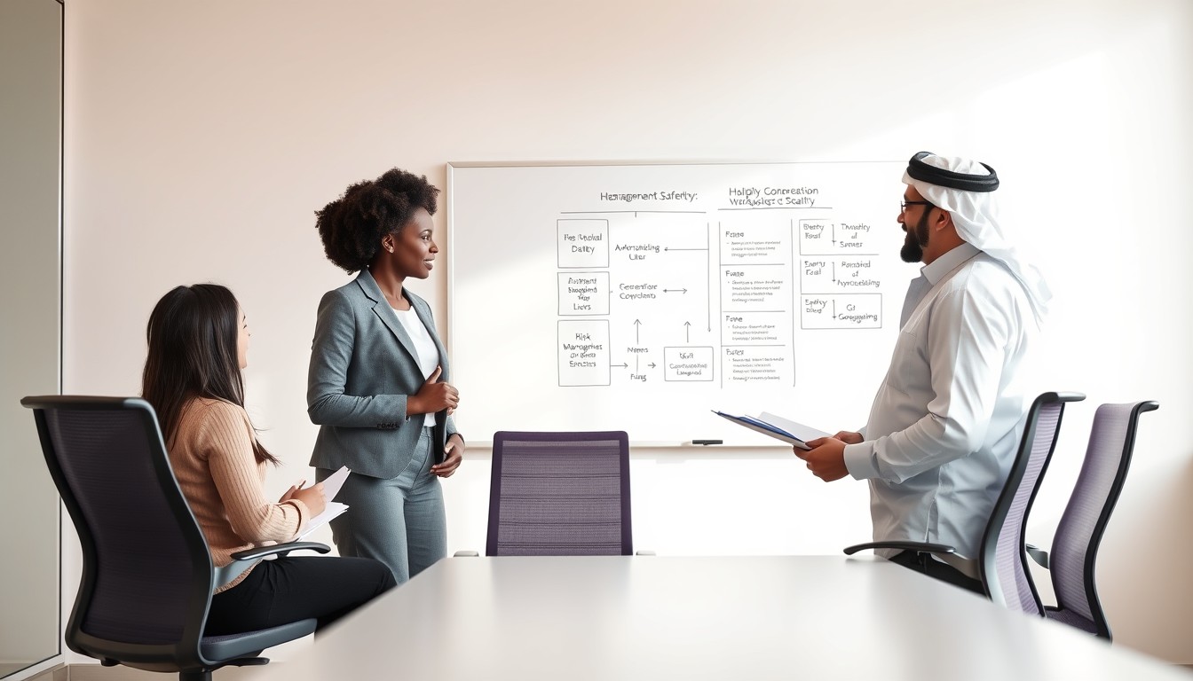 A Black woman (HSR) and a Middle-Eastern man discuss workplace safety measures in a professional conference room. The HSR explains risk management strategies to her colleagues, reflecting the role of Health and Safety Representatives in improving workplace safety and communication, as described in the blog.