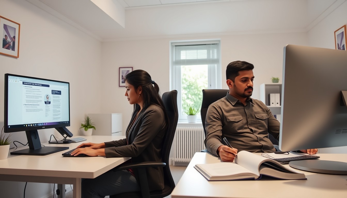 A focused, professional environment where a Hispanic woman and a South Asian man review OHS safety documents at their desks in a minimalist office. The image aligns with the theme of building workplaces that prioritize safety and well-being, showcasing individual focus on safety practices and the importance of a supportive work culture.