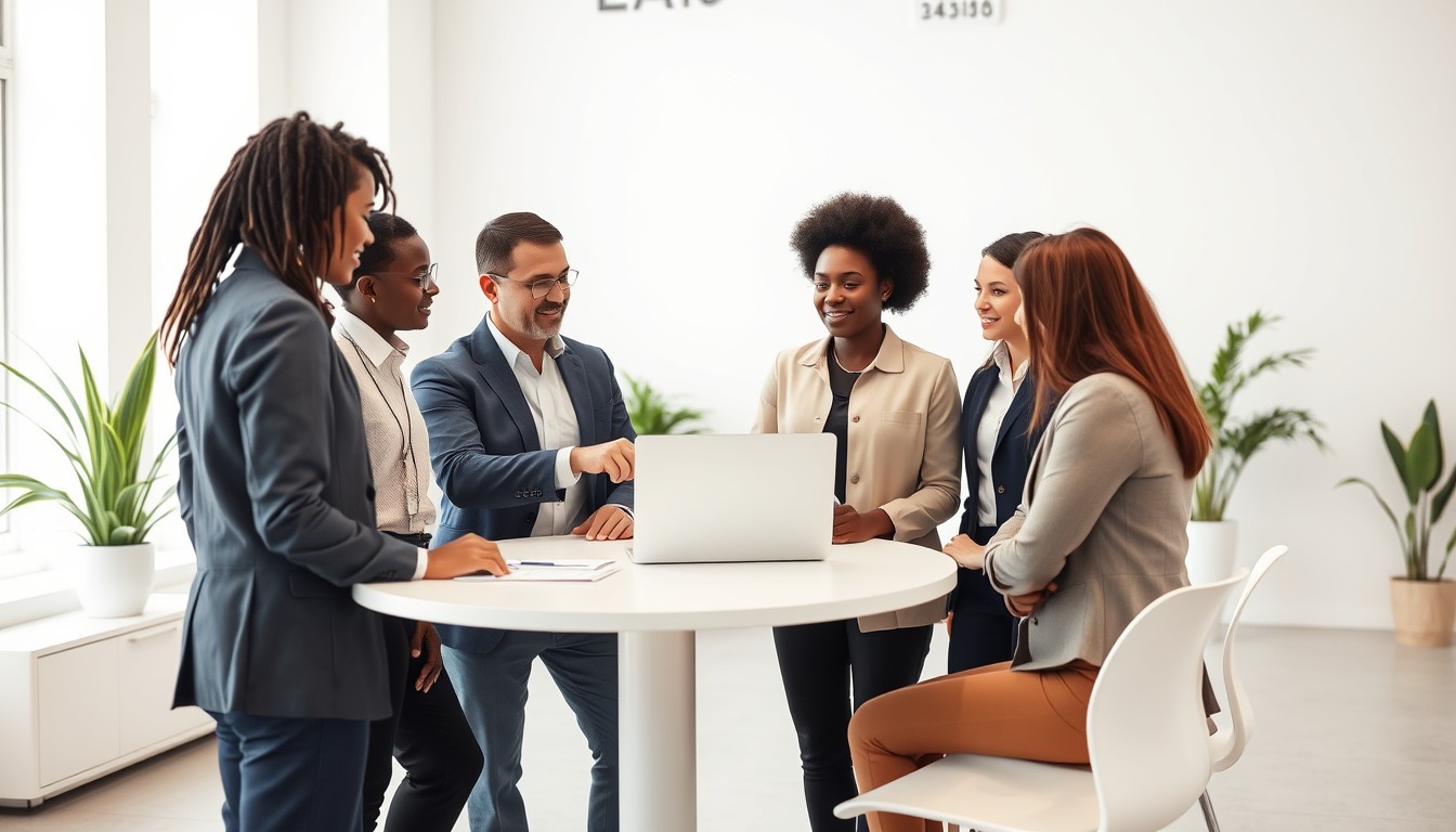  A diverse group of professionals, including a Black man and a white woman, collaborate in a bright and minimalistic office environment. The team is discussing OHS compliance data on a laptop, with a sense of focus and engagement. The image reflects the theme of workplace safety compliance and its benefits for workers, employers, and industries, as outlined in the blog.