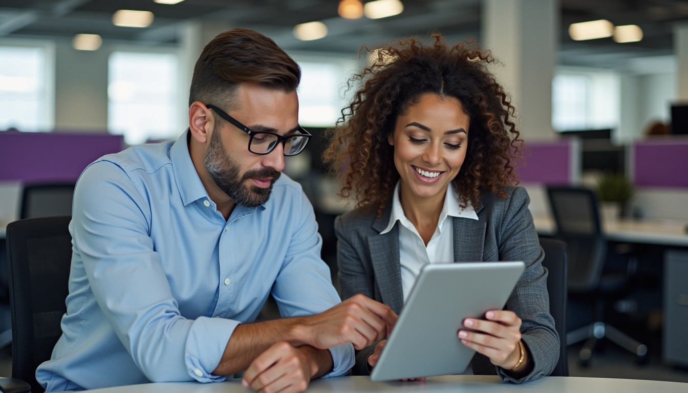 Two professionals using a tablet to manage a retainer agreement in a modern, tech-focused office.