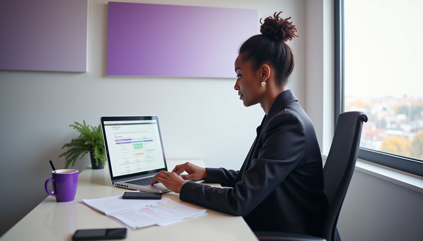 A professional woman managing retainer agreement tasks on her laptop in a clean, modern office space, surrounded by neatly arranged documents.