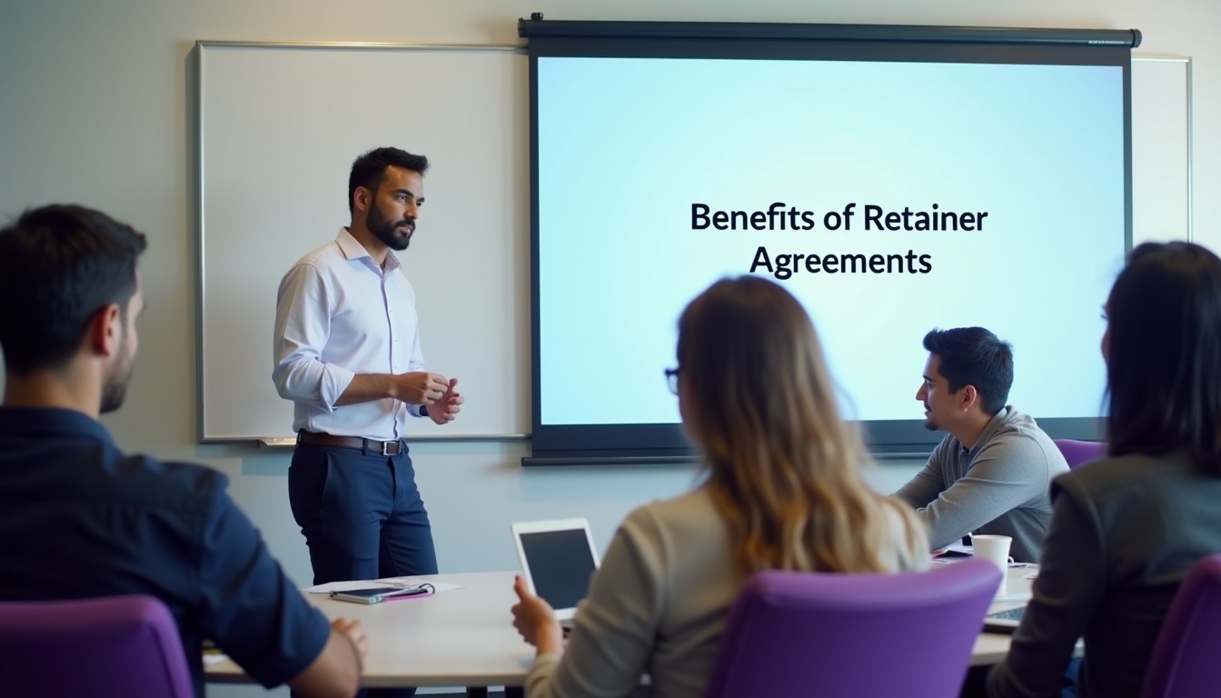 A diverse team of professionals collaborating on a retainer agreement in a sleek office setting, with one person presenting from a laptop while others engage.