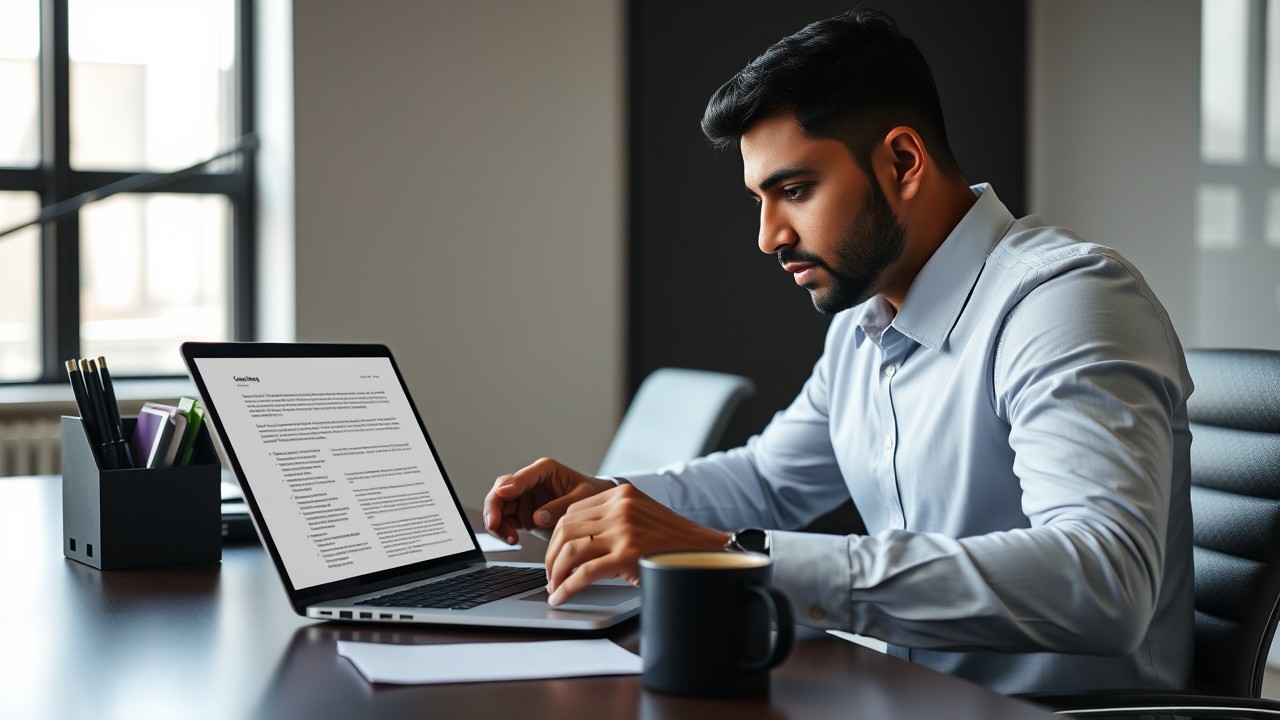 A South Asian executive reviewing contract terms in a minimalist office, highlighting the importance of including a clawback provision in business agreements.
