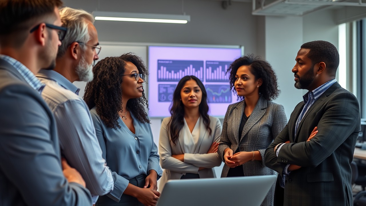 A diverse team of professionals discussing regulatory changes and their impact on clawback policies in a modern office. The team is reviewing legal frameworks on a digital screen, emphasising risk management and compliance.
