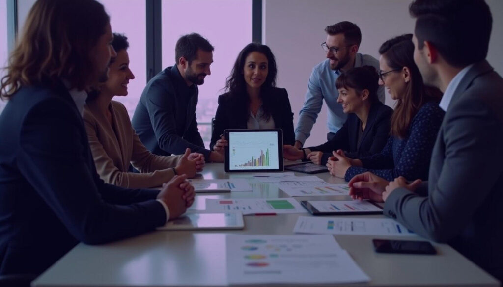 A group of diverse professionals discussing financial documents in a modern office symbolises the collaborative approach to understanding the tax-free threshold artwork