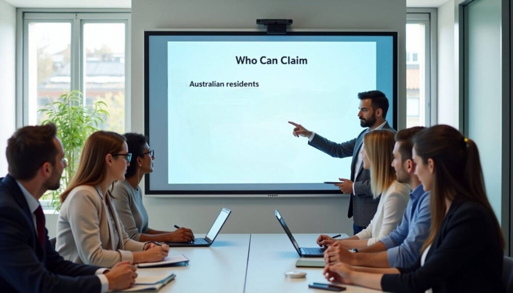 A team in a modern office learning about tax-free threshold eligibility through a detailed presentation, highlighting residency and income criteria artwork