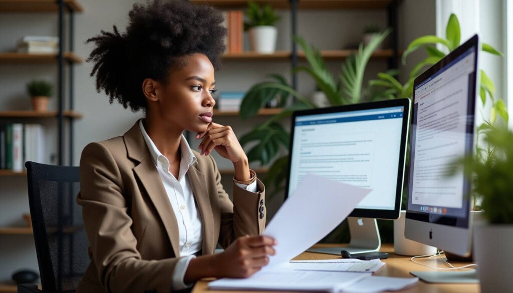 A professional in a home office reviewing job documents on a laptop, ensuring accurate tax-free threshold claims for multiple jobs artwork
