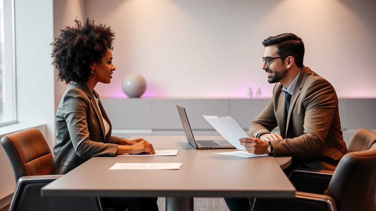 Two professionals from diverse backgrounds negotiating a job offer in a modern office, focusing on base salary and total pay.