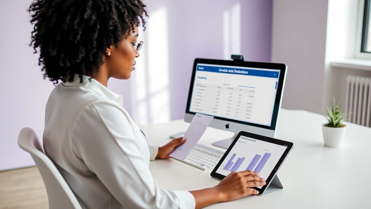 A professional woman reviewing a digital payslip and deductions in a clean, well-lit office to understand net income from gross pay.
