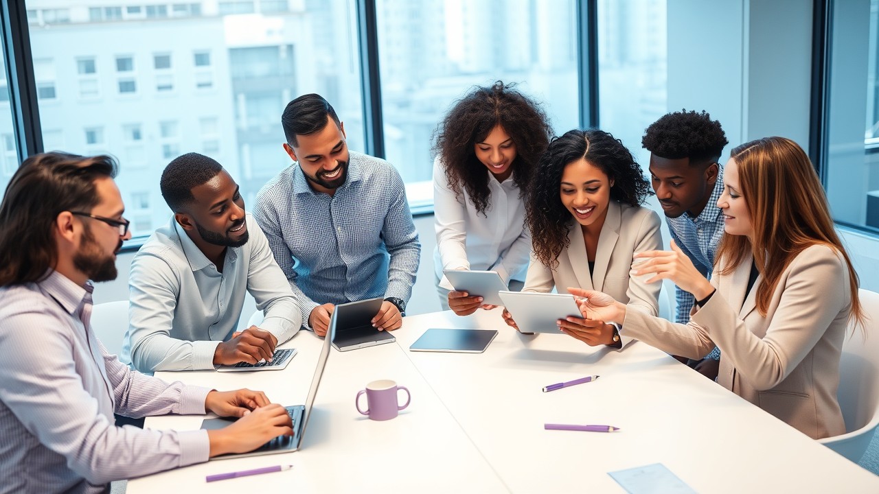 A diverse team of professionals working in a modern office, using a laptop and calculator to calculate hourly pay from base salary.