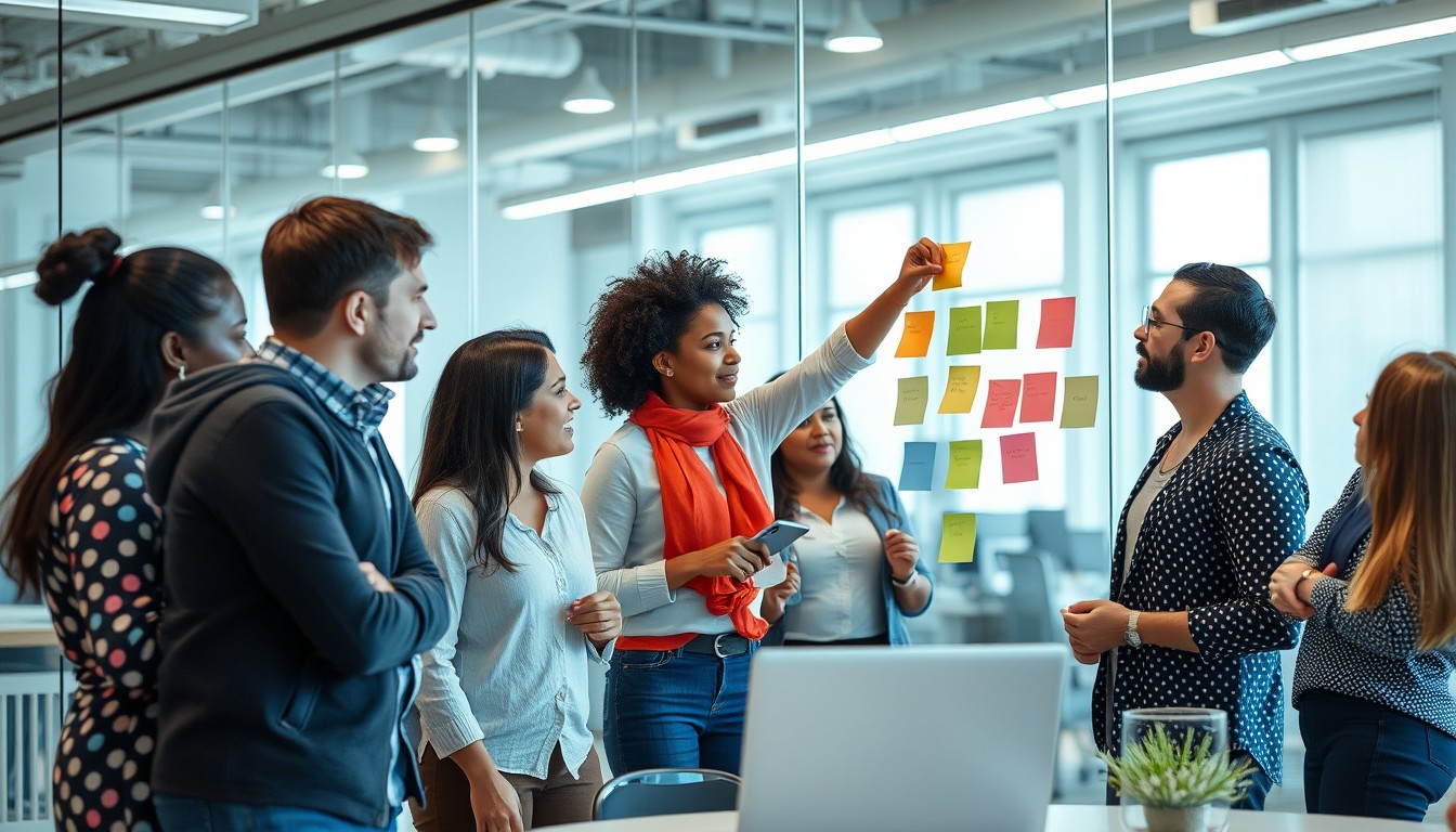 A professional presentation scene with a diverse marketing team in a modern meeting room. One person stands near a digital whiteboard displaying an RRP marketing strategy, while two seated colleagues take notes on tablets. The room has a clean, polished aesthetic with white space and subtle purple tones.