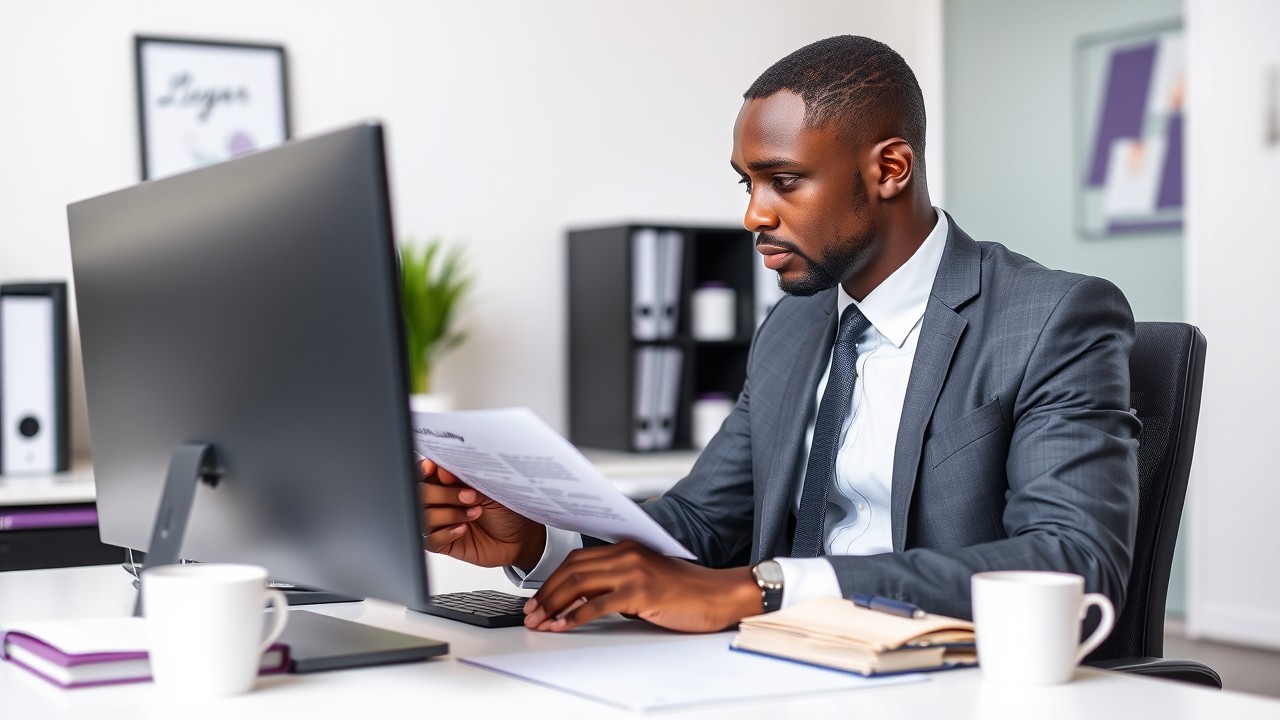 A Black man reviewing a legal document titled "Limited Liability" on a laptop in a minimalist, professional office. The setting reflects a focus on understanding liability within corporations.