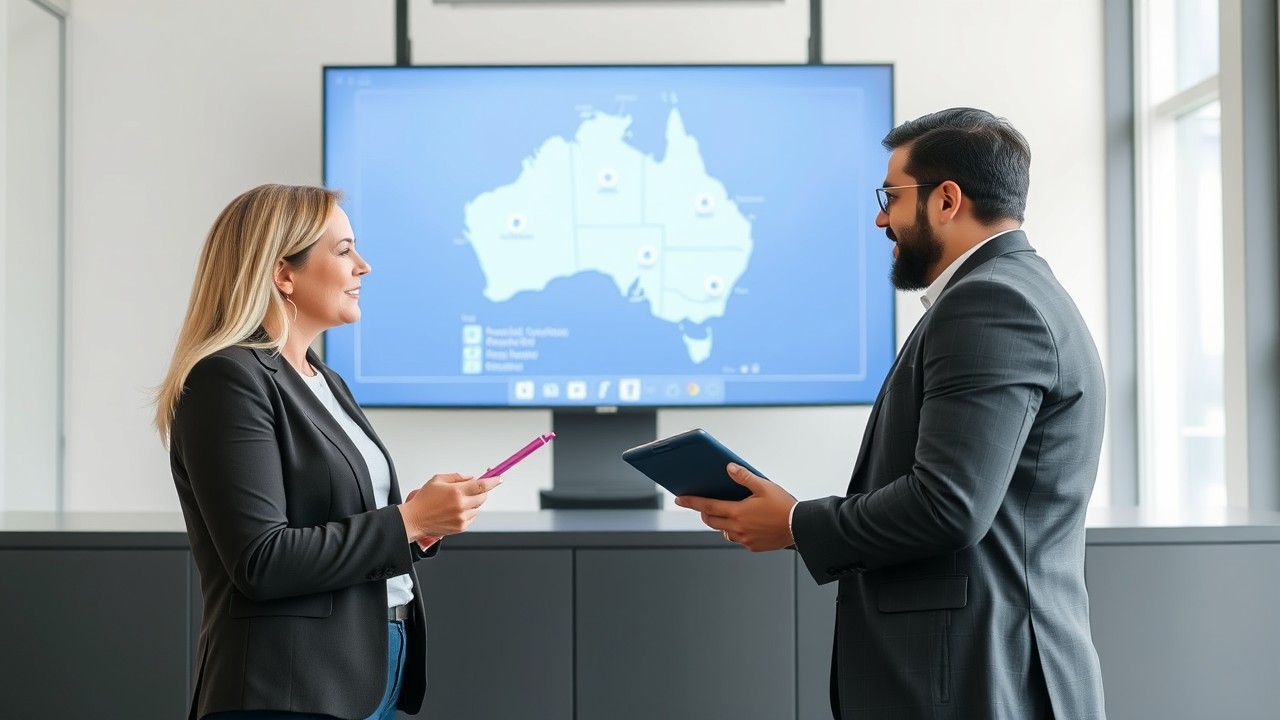 A mixed-gender team of professionals discussing jurisdiction requirements for registering a corporation in Australia, with a map on a screen showing different regions. The minimalist office environment complements the streamlined theme of the blog.