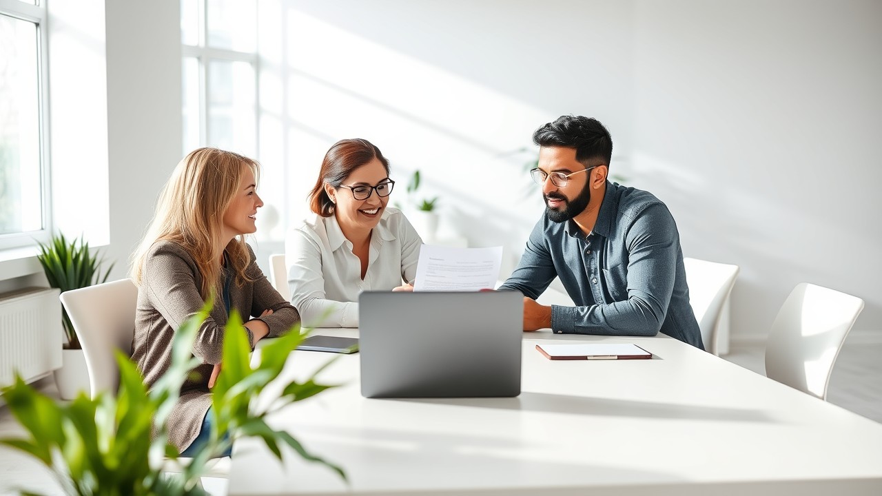 A diverse group of professionals collaborating around a conference table, reviewing corporate formation documents on a laptop and tablet. The office setting is modern, minimalist, and well-lit, representing the key steps of forming a corporation.