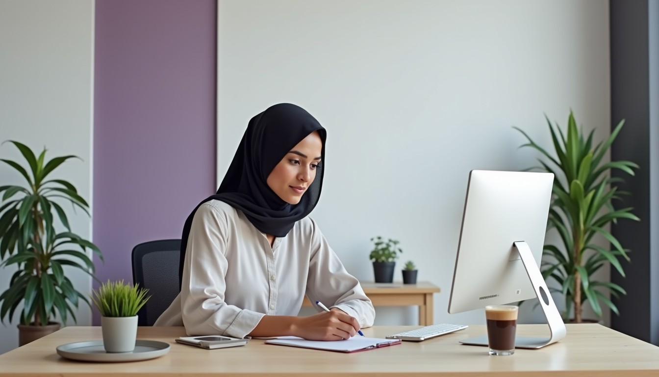 A Middle Eastern woman working on an engagement letter template at a clean, minimalist desk.