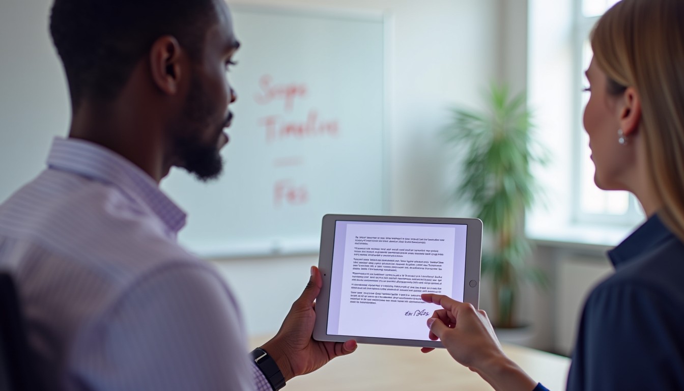 Two professionals using an e-signature tool on a tablet to finalise an engagement letter in a minimalist meeting room.