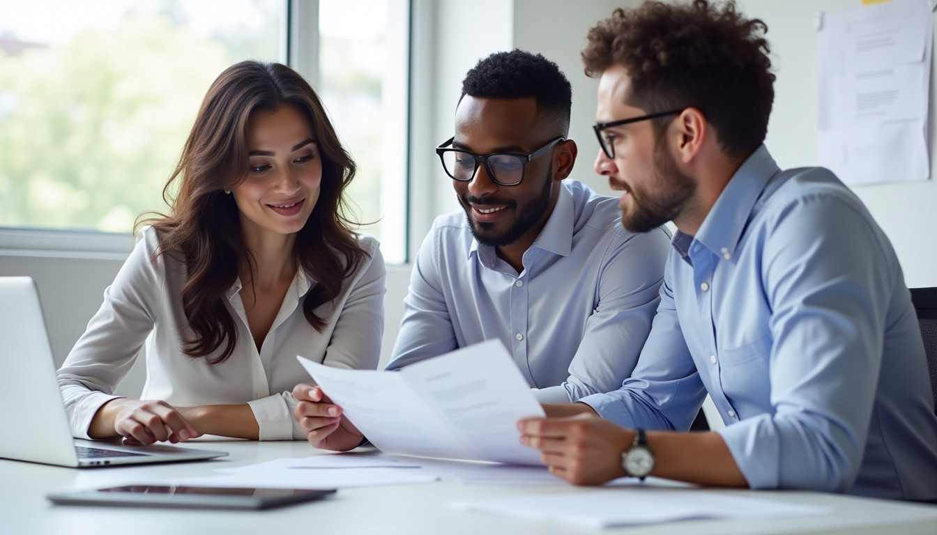 A diverse team of professionals collaborating in a modern office, reviewing an engagement letter on a laptop.