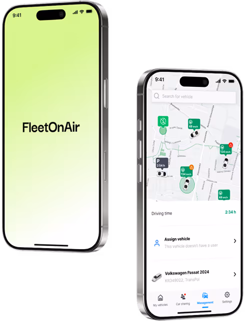 FleetOnAir mobile app showing the home screen and real-time fleet map.