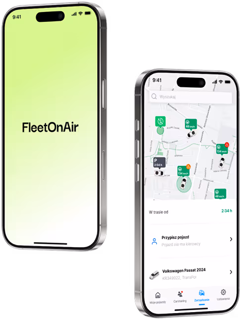 FleetOnAir mobile app showing the home screen and real-time fleet map.