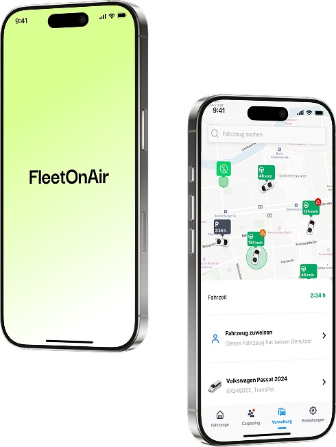 FleetOnAir mobile app showing the home screen and real-time fleet map.