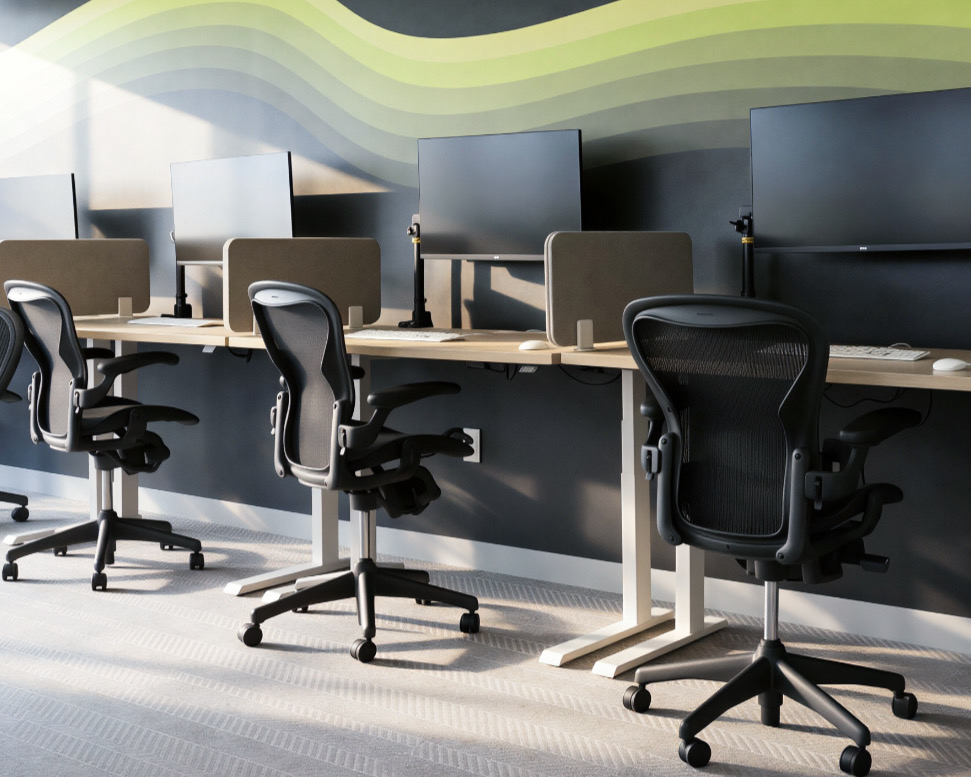 Modern office workspace with desks, computer monitors, privacy panels, and ergonomic chairs.