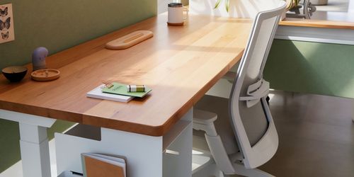 A modern office workspace featuring a wood desk, green privacy panels, white ergonomic chairs, and potted plants in a bright, sunlit room with large slanted windows.