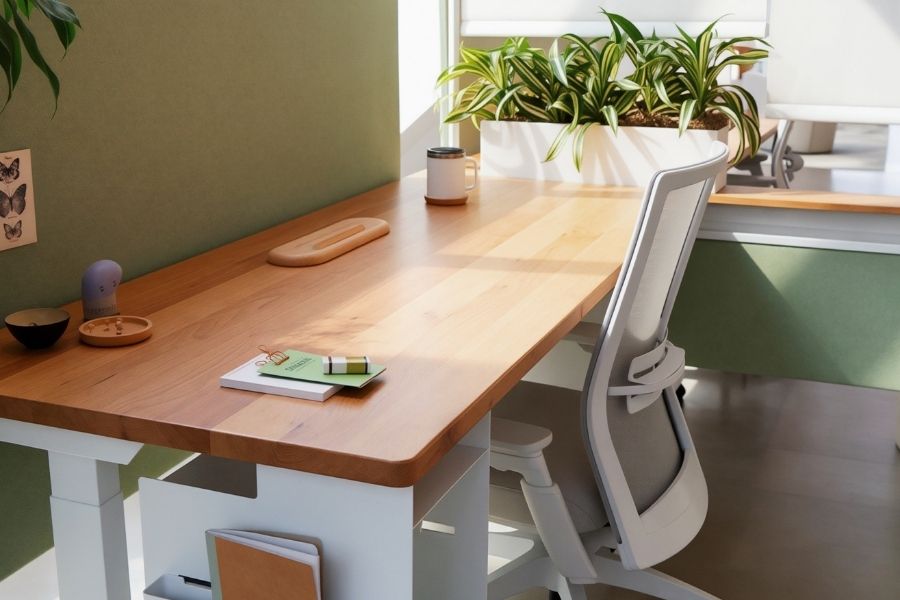 A modern office workspace featuring a wood desk, green privacy panels, white ergonomic chairs, and potted plants in a bright, sunlit room with large slanted windows.