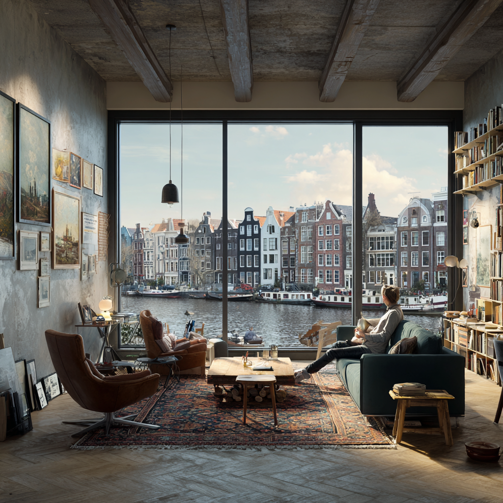 an apartment that is furnished with large windows that overlook one of the canals in Amsterdam