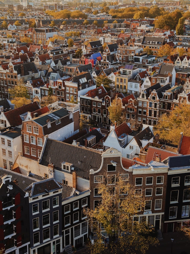 Aerial view of Amsterdam's dense neighborhood with historic brick buildings and autumn trees.